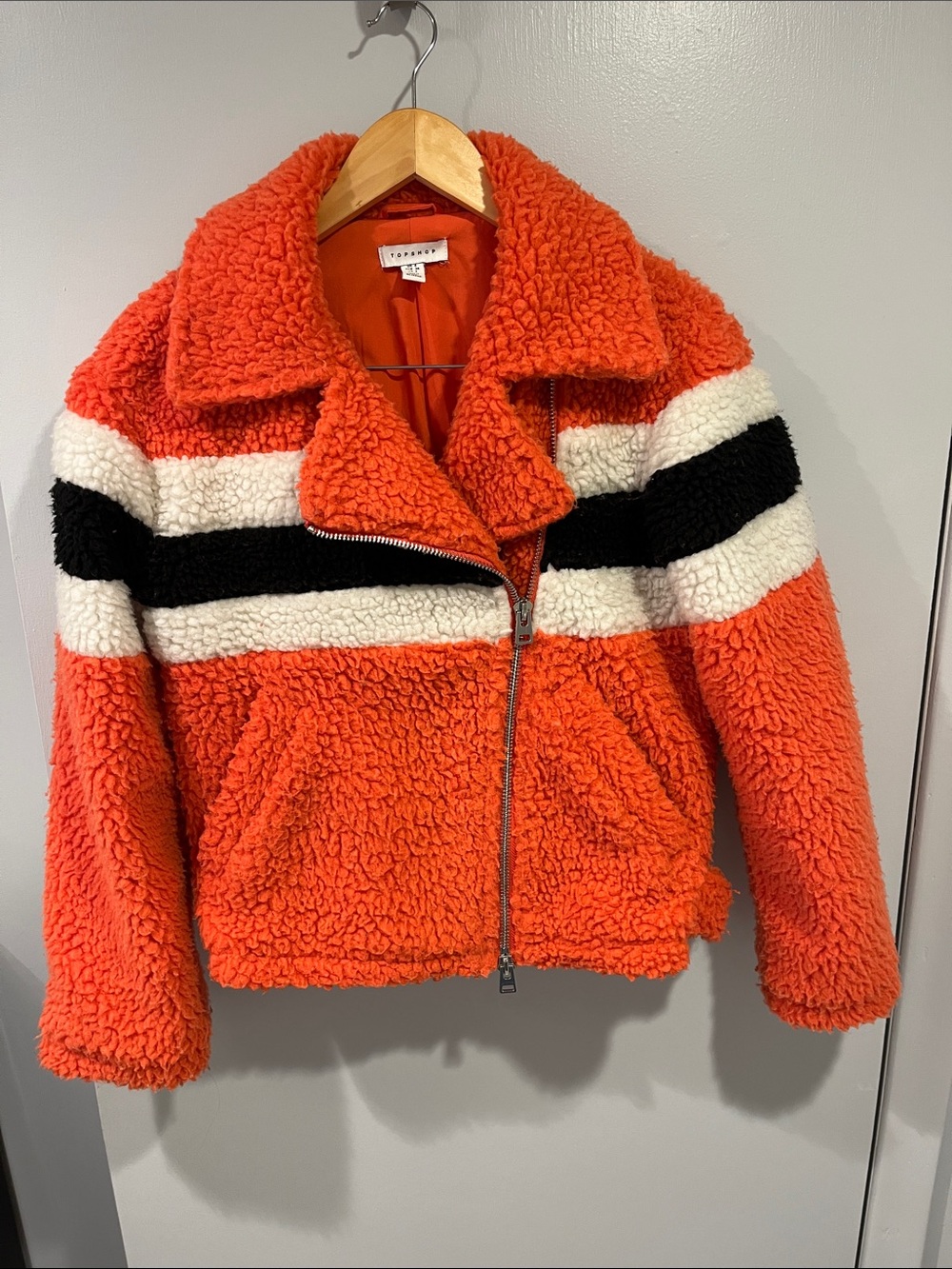 Topshop Orange Teddy Zip Jacket with Black & White Stripes